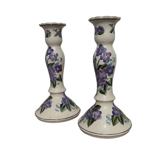Vintage Pair Of Handpainted Candlestick Holders 8.5" Porcelain Floral Ceramic - Picture 8 of 11